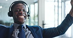 Businessman, wow and celebration in office with headset for good news, success and project milestone. Excited, black person and cheer in workplace with happiness for profit goal, achievement and win.