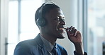Happy, man and telemarketing with headset, office and communication with contact for sales or offer. Call center, agent and black person with mic for customer service, lead generation and discussion