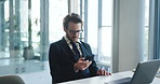 Phone, typing and businessman in office on break with networking, chatting or social media. Technology, research and male financial manager on cellphone for communication on mobile app in workplace.