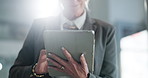 Hands, business and woman with tablet in office for research, finance report and stock market. Below, mature person and digital for trading, financial trends and review budget for investment proposal