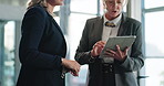 Business, people and meeting with tablet in office for research, finance report and stock market. Staff, typing and digital for trading, budget review and financial information of investment proposal