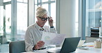 Glasses, reading and business woman with document for financial data, analysis or metrics. Chart, paperwork and mature analyst with investment information, risk management and laptop in office
