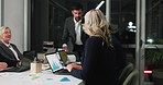 Night, meeting and people with laptop, discussion or review of financial results, happy and teamwork. Group, working late and data analyst with paperwork, graphs and screen with business performance