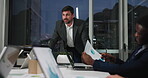 Night, leader and business people in meeting with laptop for stats feedback, planning and strategy. Late, manager talking or team in office with computer for charts, documents or project development.