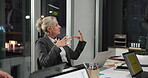 Night, woman and business people in meeting with laptop for stats feedback, ideas and strategy. Late, employee speaking and team in office with computer for charts, documents and project development.