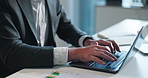 Hands, business and person typing on laptop for research, finance report and stock market. Accountant, pc and email for online trading, budget review and accounting information on investment proposal