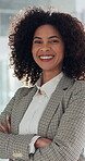 Arms crossed, face and smile of corporate woman in office for development or job satisfaction. About us, confident and proud with African business person in professional workplace for management