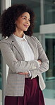 Thinking, arms crossed and happy business woman in office with pride, insurance decision or vision. Smile, confidence and African broker with thoughts at work for policy development, insight or idea