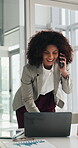 Business, woman and phone call with laptop in office for discussion, financial analysis and contact. Accountant, talking and pc for conversation, finance report and audit feedback for risk assessment