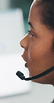 Communication, customer service and headset with business woman in office for advice or help. Conversation, microphone and virtual support with employee in call center for assistance or consulting