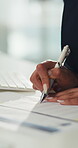 Hands, woman and writing on document in office for finance report, data analysis and bookkeeping. Accountant, tech and budget statement at firm for investment statistics, debt management and planning