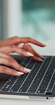 Hands, woman and typing in office with keyboard for financial management, client feedback or report. Finance consultant, person or planning with laptop for budget proposal, online research or review.