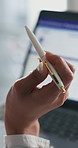 Hands, pen and thinking with business woman at desk in office for administration or planning, Laptop, manicure and research with corporate employee in professional workplace for project management