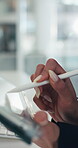 Tablet, planning and stylus with hands of woman in office for campaign funding, stylus or invoice review. Branding report, project account and online update with employee in media agency for research