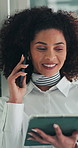 Design, phone call and tablet with business woman in office for conversation, feedback or review. App, communication and planning with African designer speaking on mobile for project management