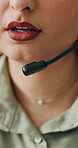Consulting. microphone and mouth of woman in call center for advice, feedback or help closeup. Communication, headset and solution with customer support employee in office for problem solving service