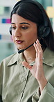 Technical support, speaking and woman in call center office for IT, help desk or crm data. Headset, contact us and agent talk for virtual assistance, software solution and customer service analytics