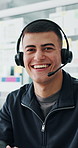 Face, smile and support with man in call center for consulting, help or virtual assistance. Advice, communication and headset with happy agent in customer service office for feedback or solution