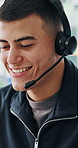 Smile, technical support and man talk in call center for troubleshooting, contact us or help desk. Headset, consultant and speaking for customer service, software feedback or IT solution with crm