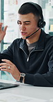 Conversation, laptop and support with man in call center for consulting, help or virtual assistance. Advice, computer and headset with happy agent in customer service office for feedback or solution