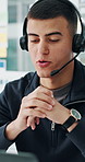 Computer, technical support and man talk in call center for troubleshooting, contact us or help desk. Headset, consultant and speaking for customer service, software feedback or IT solution with crm