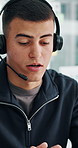 Advice, conversation and laptop with man in call center for consulting, help or virtual assistance. Computer, headset and support with agent in customer service office for feedback or solution