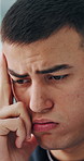 Reading, stress and man in office with worry for mistake, error and problem with project. Startup, creative agency and person with frustrated, disappointed and upset for crisis, issue and failure