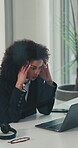 Stress, laptop and business woman with headache for system glitch, financial error or workload. Accountant, person or tech with migraine in office for auditing mistake, brain fog or deadline pressure