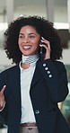 Phone call, talking and walking with business woman in office for conversation or planning. Communication, corporate and smile with happy African employee speaking on mobile for feedback or update