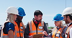 Construction, manager or team outdoor with clipboard for project management, development or schedule. Contractor, people or talk in meeting with checklist for instructions, guidance or cooperation.