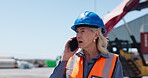 Phone call, walking or woman on site for logistics, tracking cargo or conversation on shipping service. Discussion, freight or customs officer in depot with tech, ppe or safety assurance of export.