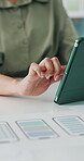 Documents, hands and woman with tablet in office for site layout, digital blueprint and planning. Web designer, person or tech with wireframe paperwork at desk for design prototype or app development