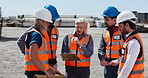 Construction site, supervisor and woman with clipboard, team and discussion for property development. Architecture, manager and explaining schedule to colleagues, people or plan for quality assurance