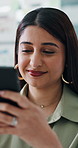 Phone, happy and businesswoman in office with communication, networking or connectivity online. Smile, technology and female creative designer with texting on mobile app with cellphone in workplace.