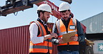 Men, clipboard and logistics at shipping yard for inspection, distribution and track cargo. People, team and checklist for shipment, inventory management and supply chain for freight at industry port