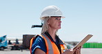 Engineer, construction site and woman with clipboard for inspection, checklist and planning. Thinking, outdoor and person with documents for building project, compliance survey and infrastructure