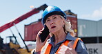 Phone call, container or woman on site for logistics, tracking cargo or conversation on shipping service. Discussion, freight or customs officer in depot with tech, ppe or safety assurance of export.