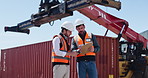 People, clipboard and logistics at shipping yard for inspection, distribution and track cargo. Men, team and checklist for shipment, inventory management and supply chain for freight at industry port