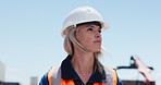 Thinking, logistics and inspection with woman, export and hard hat with global trade. Outdoor, person and safety with helmet, import and supply chain with solution, problem solving and commercial