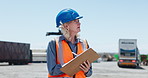 Clipboard, construction site and mature woman for inspection, checklist and planning. Writing notes, outdoor and person with paperwork for building project, compliance survey and quality assurance