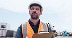Writing, thinking and man with clipboard on construction site for inspection, checklist and planning. Engineer, outdoor and person with paperwork for building project, compliance survey or renovation