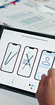 Tablet screen, app development and hands of person in office for mobile prototype layout. Digital technology, UX and designer with phone interface planning for UI design on website in workplace.