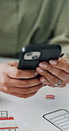 Hands, woman and phone with documents in office for site layout, template review and planning. Web designer, employee and smartphone with paperwork at desk for prototype framework and app development