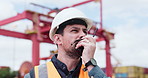 Engineer, talking and man with radio on construction site for communication, inspection and planning. Architecture, contractor and person with instruction for building project, renovation and update