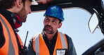 Construction site, operator and men with helmet, forklift and planning for quality assurance or talk. Engineers, discussion and people in vehicle for architecture, inspection and equipment or machine