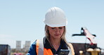 Woman, phone and logistics at shipping yard for research, delivery schedule and inventory management. Thinking, person and mobile to track cargo, supply chain and freight information for distribution
