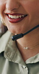 Microphone, mouth and solution with woman in call center for advice, feedback or help closeup. Communication, consulting and headset with happy customer support employee in office for problem solving