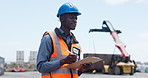 Man, distribution and clipboard at port, shipping or thinking with admin for supply chain management. African person, checklist and writing for logistics report, cargo or freight at harbor in Nigeria
