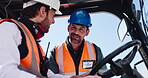 Construction site, operator and men in forklift, discussion and happy for quality assurance or talk. Engineers, planning and people in vehicle for architecture, inspection and equipment or machinery