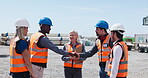 Happy, supervisor and handshake with team, construction site and agreement for property development. Architecture, men and shaking hands with colleagues, civil engineers and collaboration with women